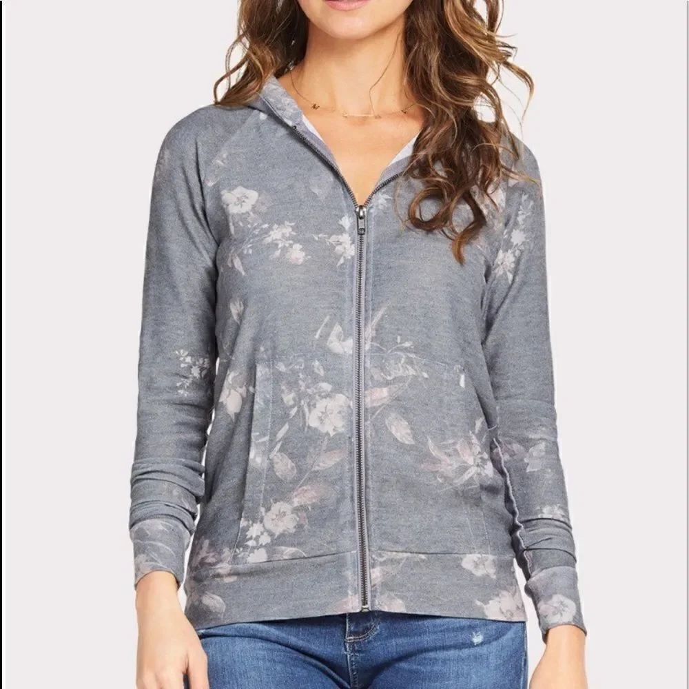 Chaser Evereve gray floral full zip zipper hoodie hooded sweatshirt small